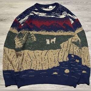 90s vintage AOP wolf nature knit sweater men’s XL